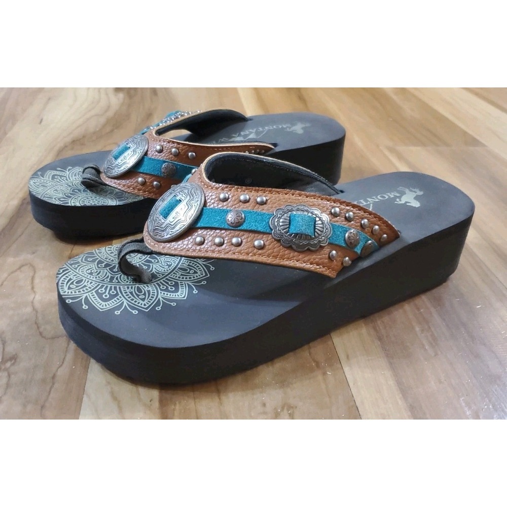 Montana West Womens Size 8 Turquoise Concho Wedge Flip Flop Festival